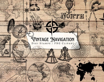 Vintage Navigation Digi Stamps | digital | overlay | distressed | junk journal | scrapbook | ephemera | vintage | PNG | map | compass