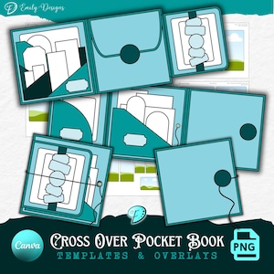 May include: A collection of light blue pocket book templates and overlays with teal accents. The design includes various shapes and sizes, with the text "Cross Over Pocket Book Templates & Overlays" and a Canva logo.