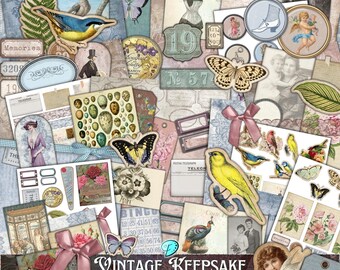 May include: A collection of vintage ephemera for junk journaling. Includes paper cutouts of butterflies, birds, and antique illustrations. The kit features a variety of colors, including blue, pink, and cream, with the text "Vintage Keepsake Junk Journal Kit".