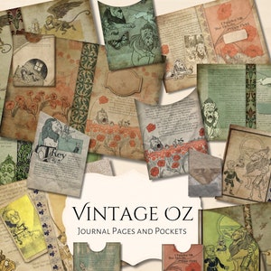 Páginas e bolsos do diário vintage Oz | digitais | coisas efêmeras | jornal lixo | álbum de recortes | história | envelhecido | velho | antiguidade | país das maravilhas | Mago