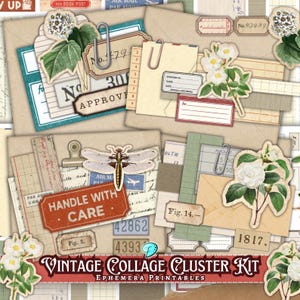 May include: A vintage collage kit featuring ephemera printables. The image showcases a collection of aged paper elements, including labels, tags, and botanical illustrations. The color palette consists of beige, teal, and red tones. Text includes "Handle with Care" and "Vintage Collage Cluster Kit".