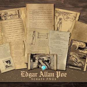 Peut inclure: Une collection de papiers vintage avec des poèmes d'Edgar Allan Poe. Les papiers sont imprimés avec du texte et des illustrations, notamment "Le Corbeau", "Lenore", "Les Cloches" et "Le Cœur délateur".