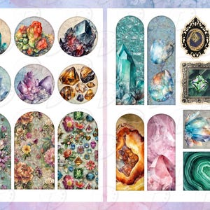 May include: A digital collage sheet featuring various illustrations of crystals, gemstones, and floral patterns. The sheet includes round and rectangular shapes, perfect for crafting and scrapbooking.