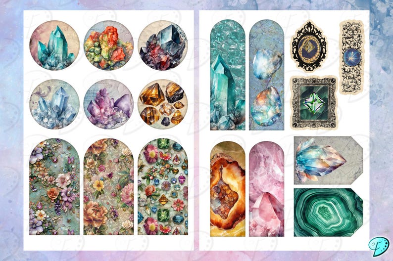May include: A digital collage sheet featuring various illustrations of crystals, gemstones, and floral patterns. The sheet includes round and rectangular shapes, perfect for crafting and scrapbooking.