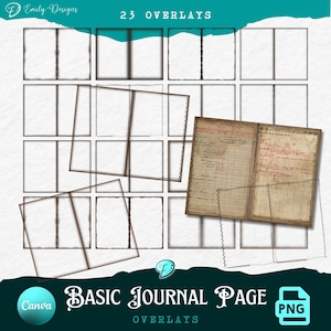 Basisdagboekpagina-overlays | achtergrond | junkjournaal | plakboek | kortstondig | PNG | Canvas | Vintage randen | Inktranden | Laag | Steek: