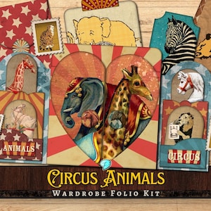 Ensemble folio pour garde-robe animaux du cirque à découper et à fabriquer | Imprimable | millésime | éphémères | Kit de journal indésirable | Simple | Carnaval | Lionne | Fête foraine