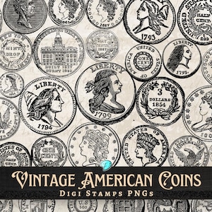 Pacchetto di francobolli digitali di monete americane d'epoca / digitale / sovrapposto / usurato / diario di scarto / album / effimeri / vintage / denaro / antico