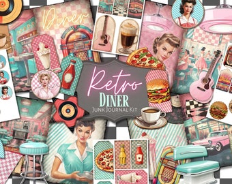 May include: Retro diner themed junk journal kit with images of a jukebox, diner food, and waitresses. The kit includes various sizes of paper, stickers, and embellishments.