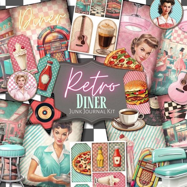 Retro Diner Junk Journal Kit | ephemera | antique | vintage | scrapbook | digital paper | journal page | printable | 1950 | 50's cafe