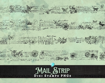 May include: Digital stamps featuring vintage mail strips with script, butterflies, and floral elements in black and white. The background is a faded teal color with ink splatters. The text "Mail Strip Digi Stamps PNGs" is at the bottom.