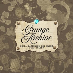 May include: A digital art design with a grunge theme. The image features a torn paper element with the words "Grunge Archive" in elegant script. Sepia-toned ink marks and patterned designs create a vintage aesthetic. The text "SEPIA PATTERNED INK MARKS DIGI STAMPS" is also included.