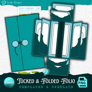 May include: A teal folio template with a unique design, featuring a series of card slots and a closing mechanism. The text "Tucked & Folded Folio" and "Templates & Overlays" is displayed on the bottom. The design includes a PNG file.