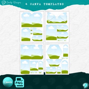 Op de afbeelding: Vier Canva-sjablonen met een ontwerp van een groene heuvel en een blauwe lucht. De sjablonen omvatten verschillende vormen en maten, perfect voor het maken van social media-graphics, uitnodigingen of andere digitale projecten.