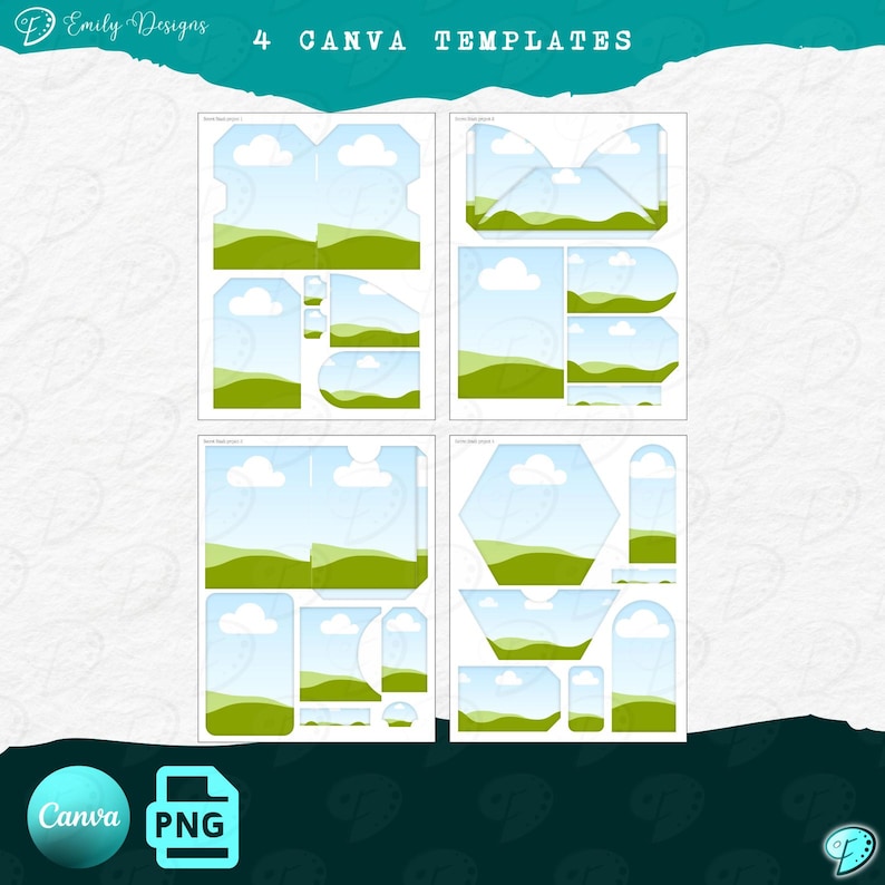 Op de afbeelding: Vier Canva-sjablonen met een ontwerp van een groene heuvel en een blauwe lucht. De sjablonen omvatten verschillende vormen en maten, perfect voor het maken van social media-graphics, uitnodigingen of andere digitale projecten.