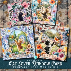 Cut and Craft Katzenliebhaber Fensterkartenherstellung Kit | niedlich | Junk Journal | Sammelalbum | digital | Ausdruckbar | Geburtstag | Stimmungen | gegrüßt
