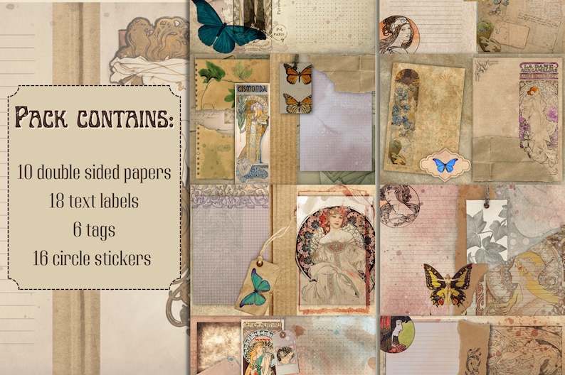 Art Nouveau Junk Journal Pack, Mucha, Printable, Scrapbooking, Instant
