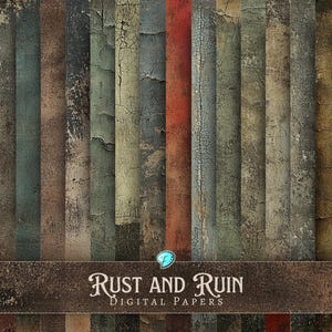 Puede incluir: Un conjunto de 20 papeles digitales con texturas desgastadas en varios tonos de marrón, azul, verde y rojo. Los papeles tienen un aspecto rústico y desgastado, que recuerda a la madera o el metal viejos. El texto "Rust and Ruin Digital Papers" se muestra en la parte inferior de la imagen.