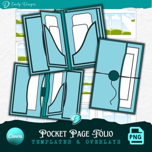 May include: A collection of light blue pocket page folio templates and overlays. The templates have a white interior with a dark blue border. The image includes the text "Pocket Page Folio Templates & Overlays" and the Canva and PNG logos.