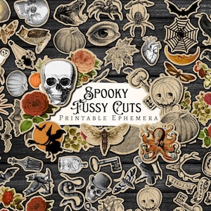 May include: A collection of printable Halloween themed images, including skulls, bats, pumpkins, spiders, owls, and more. The images are in a vintage style and are perfect for scrapbooking, card making, or other crafting projects. The text "Spooky Fussy Cuts Printable Ephemera" is included in the image.