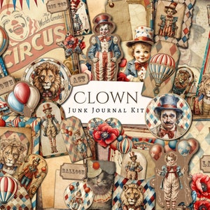 Clown Junk Journal Kit | Ephemera | Jahrgang | Sammelalbum | digitales Papier | Zeitschriftenseite | druckbare | Kartenherstellung | Zirkus | Löwe | Argyle
