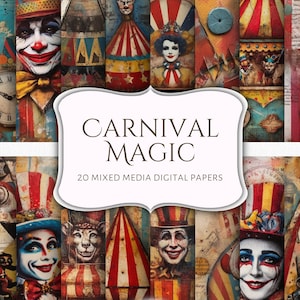 Papeles digitales imprimibles vintage Carnival Magic: Papel de álbum de recortes, Papel imprimible, técnica mixta, Papel vintage, Fondo, payaso, circo
