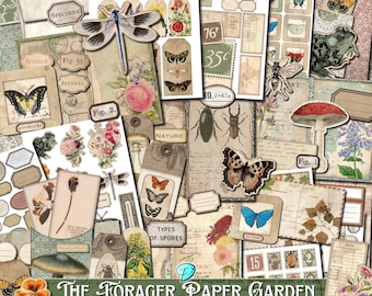 May include: A collection of vintage-style ephemera for junk journaling, featuring botanical illustrations, butterflies, insects, and floral elements. Includes tags, labels, postcards, and stamps with text like "Botany 1918" and "The Forager Paper Garden".