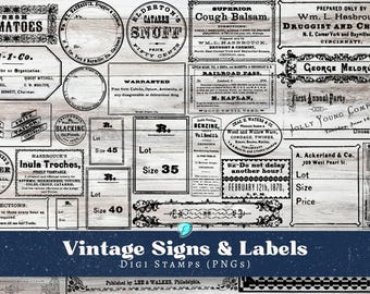 Signs and Labels Digi Stamps PNG bundle | digital | overlay | distressed | junk journal | scrapbook | ephemera | vintage | print | Vintage