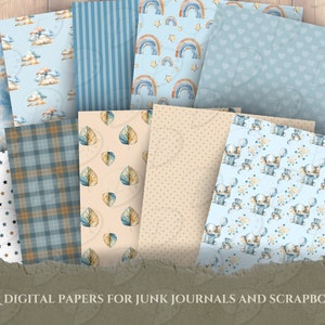 Op de afbeelding: 20 digitale papieren in JPEG-formaat met verschillende patronen in blauw, bruin en wit. De patronen omvatten wolken, veren, sterren, ruit, bladeren, stippen en olifanten. De papieren zijn ideaal voor scrapbooking en junk journaling.