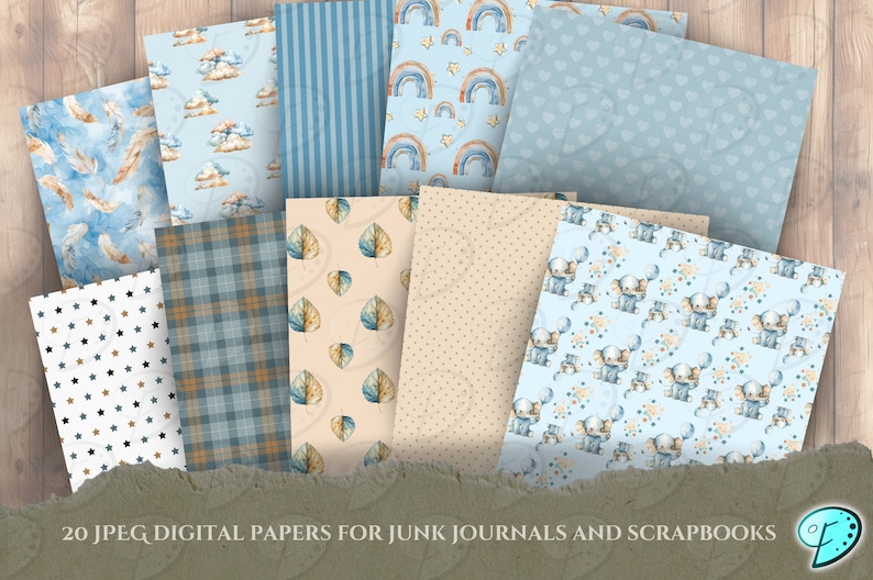 Op de afbeelding: 20 digitale papieren in JPEG-formaat met verschillende patronen in blauw, bruin en wit. De patronen omvatten wolken, veren, sterren, ruit, bladeren, stippen en olifanten. De papieren zijn ideaal voor scrapbooking en junk journaling.
