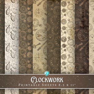 May include: Set of 8 printable digital papers featuring vintage clock and watch designs in brown and cream colors. The papers are 8.5 x 11 inches.