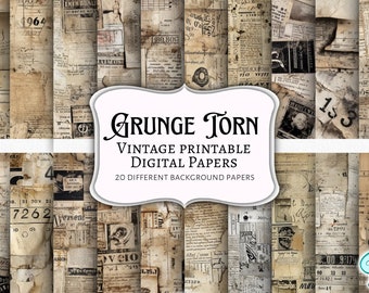 May include: A collection of 20 vintage, printable digital papers featuring a grunge torn aesthetic. The papers are a mix of beige and brown tones with text and numbers printed on them.