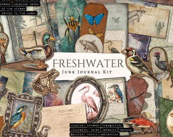 May include: A digital junk journal kit with a freshwater theme. The kit includes images of a dragonfly, a frog, a kingfisher, a heron, a fish, a butterfly, a duck, a beetle, and a bird. The kit also includes text elements such as "Freshwater Junk Journal Kit", "Postcard", and "Tranquility".