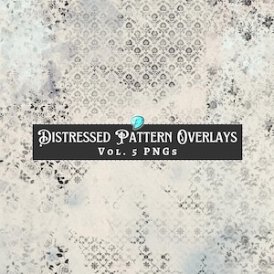 Peut inclure: Conception numérique présentant des superpositions de motifs vieillis. Le fond a un aspect doux et texturé avec des motifs floraux et géométriques dans des tons de gris et de blanc. Le texte "Distressed Pattern Overlays Vol. 5 PNGs" est affiché sur une bannière sombre.
