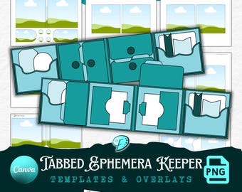 May include: A digital design featuring a tabbed ephemera keeper template and overlays. The design includes teal-colored pockets and cards, along with landscape-style backgrounds. The text "Tabbed Ephemera Keeper" and "Templates & Overlays" is displayed.