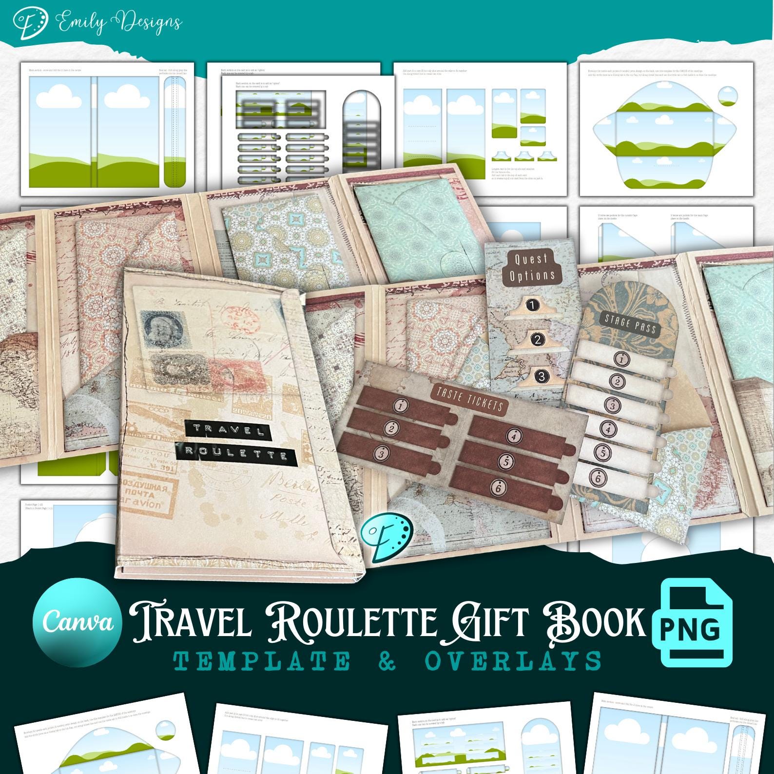 Travel Roulette Gift Book Template | junk journal | scrapbook | ephemera | Printable | ink saver | card making | CANVA frame | overlay