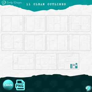 Puede incluir: Once contornos limpios para crear pegatinas de planificador digital u otros dise&ntilde;os digitales. Los contornos son en blanco y negro y est&aacute;n dispuestos en un patr&oacute;n de cuadr&iacute;cula. El texto "11 CLEAN OUTLINES" est&aacute; en la parte superior de la imagen.