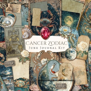 Cancer Zodiac Junk Journal Kit / álbum de recortes / fabricación de tarjetas / vintage / efímera / imprimible / corte quisquilloso / horóscopo / signo estelar / cangrejo