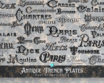 Antique French Plates Digital Stamps | distressed | junk journal | scrapbook | ephemera | vintage | France | PNG | transparent | Shabby Chic