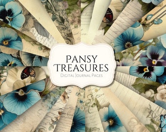 Könnte beinhalten: Ein digitales Papierpaket mit 12 Vintage-Journalseiten mit blauen und weißen Stiefmütterchen, Schmetterlingen und handschriftlichem Text. Der Titel "PANSY TREASURES DIGITAL JOURNAL PAGES" ist in der Mitte dargestellt.