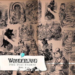 Wonderland Digi Stamps Vol. 5 | distressed | junk journal | scrapbook | ephemera | vintage | Alice | PNG | Lewis Carroll | clipart | book