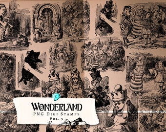 May include: A set of black and white digital stamps featuring illustrations from Alice in Wonderland. The stamps include images of Alice, the Cheshire Cat, the Mad Hatter, the Queen of Hearts, and other characters from the book.