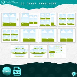 Puede incluir: Once plantillas de Canva con un dise&ntilde;o de paisaje verde, azul y blanco. Las plantillas son para crear contenido digital, como publicaciones en redes sociales, folletos e invitaciones.