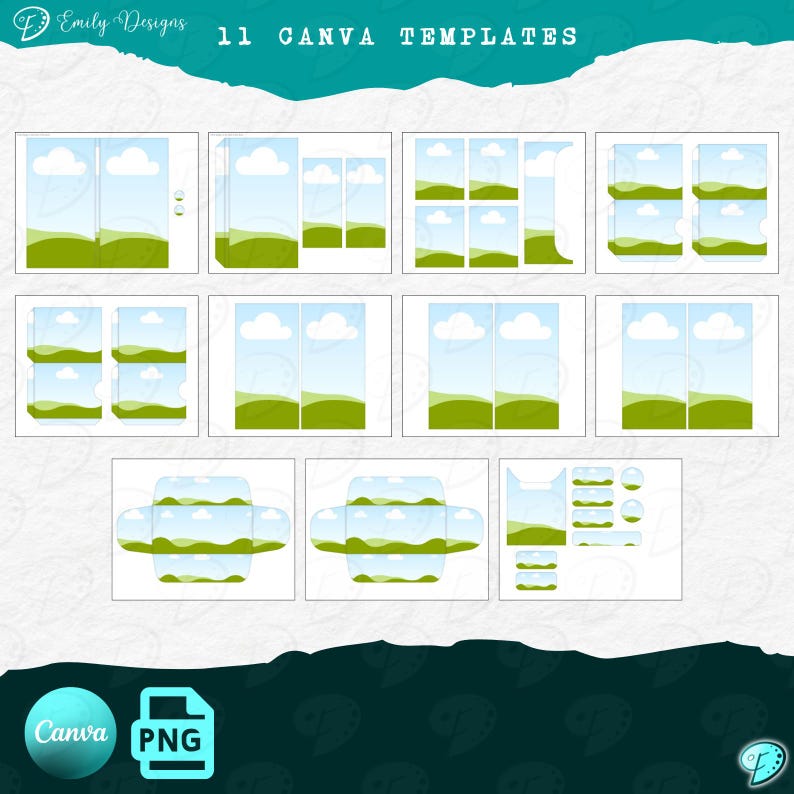 Puede incluir: Once plantillas de Canva con un dise&ntilde;o de paisaje verde, azul y blanco. Las plantillas son para crear contenido digital, como publicaciones en redes sociales, folletos e invitaciones.