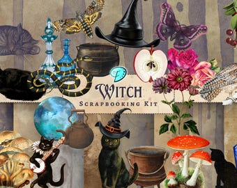 Puede incluir: Un collage con ilustraciones temáticas de brujas. Incluye un gato negro, un sombrero de bruja, mariposas, setas, un búho y el texto "Witch Scrapbooking Kit". La paleta de colores incluye negro, naranja, morado y azul.