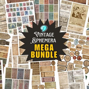 May include: A large collection of vintage ephemera, including tickets, labels, and signs. The ephemera is arranged in a grid pattern and features a variety of colors and designs. The text "Vintage Ephemera Mega Bundle" is displayed in a large, bold font.