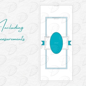 K&ouml;nnte beinhalten: Eine druckbare Vorlage f&uuml;r eine Karte mit einem blauen Oval und einem Band. Die Vorlage enth&auml;lt die Ma&szlig;e f&uuml;r die Karte und das Oval.