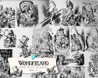 May include: Black and white illustrations of scenes from Alice in Wonderland. The illustrations include Alice falling down a rabbit hole, Alice meeting the Mad Hatter, and Alice playing croquet with the Queen of Hearts. The illustrations are perfect for scrapbooking, card making, and other craft projects.
