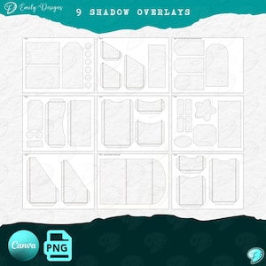 Pu&ograve; includere: Un design digitale con nove overlay di ombre in varie forme, delineati in nero su sfondo bianco. Il design include il testo "9 SHADOW OVERLAYS" e i loghi Canva e PNG.