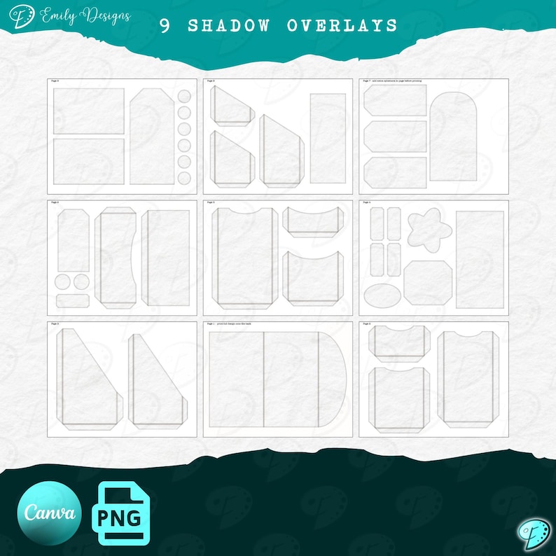 Pu&ograve; includere: Un design digitale con nove overlay di ombre in varie forme, delineati in nero su sfondo bianco. Il design include il testo "9 SHADOW OVERLAYS" e i loghi Canva e PNG.