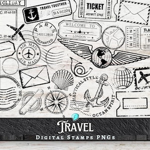 Travel Digi Stamps PNG bundle | digital | overlay | distressed | junk journal | scrapbook | ephemera | vintage | ink saver | post | air mail